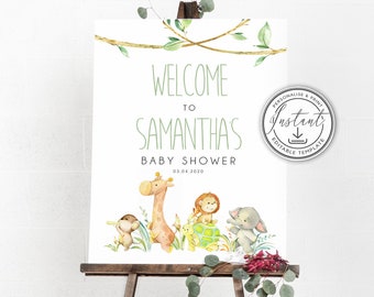 Jungle Welcome Baby Shower Editable Sign Template, Safari Baby Shower Signage, Printable Sign, Instant Download, Watercolor Animals - BD98