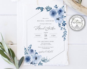 Dusty Blue Bridal Shower Editable Invitation Template, Blue Floral Invitation, Instant Download, Watercolor Floral, Printable Invite - BD93