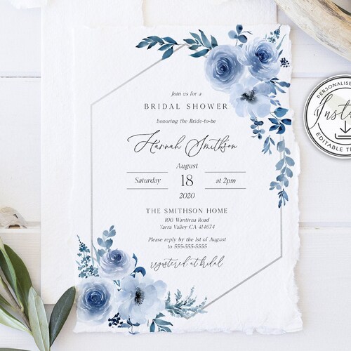 Dusty Blue Bridal Shower Invitation Download Floral Bridal - Etsy
