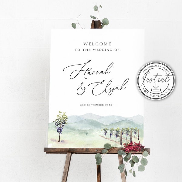 Vineyard Wedding Large Welcome Sign, Editable Template, Country Wedding Sign, Winery Wedding, Napa, Printable Sign, Instant Download  BD100