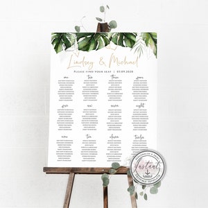 Tropical Greenery Editable Seating Chart Table Plan, Wedding Seats Plan, Table Poster, DIY Table Print, Seat Planning, Beach Wedding BD59
