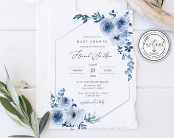 May include: A blue and white floral baby shower invitation with a geometric frame. The invitation includes the text "Please join us for a Baby Shower honouring the Mommy-to-be Hannah Smithson, Saturday, August 18 at 2pm, 2020, The Smithson Home, 100 Wastira Road, Tarra Valley CA 414674, Please reply by the 1st of August to 555.555.6455, registered at baby"