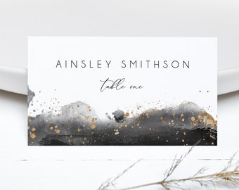 Black Watercolor Editable Name Cards Minimal BD119 Printable Modern Wedding Gold /& Black Wedding Place Cards Template Instant Download