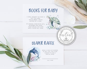 Ocean and Sea Books for Baby & Diaper Raffle Card Inserts Editable Template, Ocean Baby Shower, Instant Download, Printable Card BD105