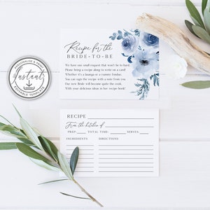 Inserts de carte bleu poussiéreux pour la future mariée, modèle modifiable, douche nuptiale floral bleu, cartes à remplir pour la recette, imprimables - BD93