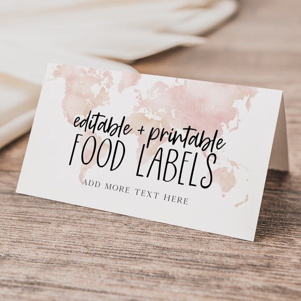 Pink Travel Themed Food Label Printable Place Card, Adventure Awaits Bridal Shower Name Cards, Printable Food Labels, Editable Cards, BD187