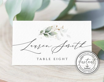 Editable Wedding Place Cards Template, Bohemian Wedding Name Cards Watercolor Greenery Gold Leaf Instant Download Printable Place Cards BD51