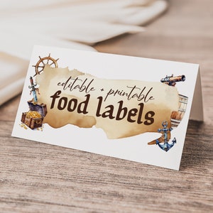 Piratenvoedsel en naam bewerkbare kaartsjablonen, piraat verjaardagsfeestje eten en naamkaartjes, feestdecor met piratenthema, afdrukbare voedselkaarten BD194