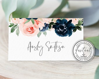Editable Wedding Place Cards Template, Navy & Blush Wedding Name Cards, Rustic, Instant Download, Printable Cards, Wedding Table Decor- BD83
