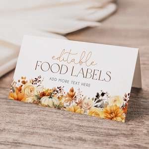 Modelo editável de cartão de comida floral de outono, cartões de nome editáveis de outono, decoração de chá de bebê de outono, cartões de comida de abóbora para chá de bebê, BD192 para impressão