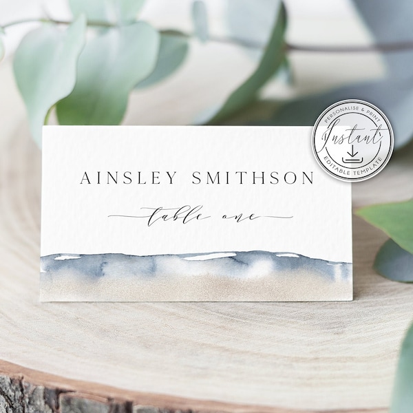 Editable Beach Wedding Place Cards Template, Wedding Name Cards, Modern, Instant Download, Printable Place Cards, Wedding Table Decor - BD74