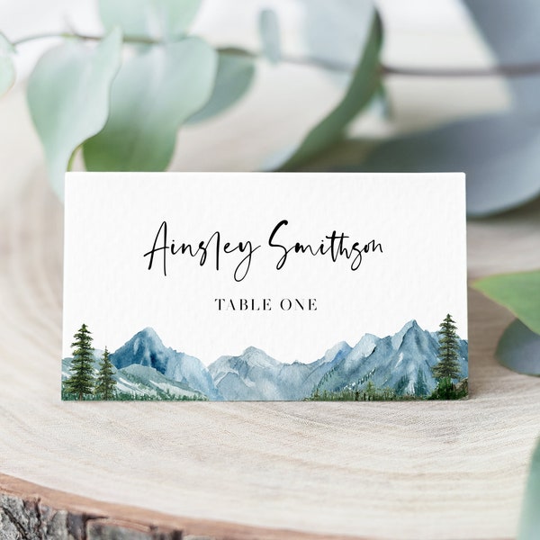 Mountain Wedding Editable Place Cards Template, Lake Wedding Name Cards, Rustic, Instant Download, Printable Place Cards Wedding Table BD124