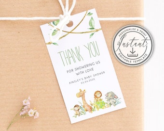 May include: Thank you tag featuring a green leafy branch design and a watercolour illustration of jungle animals. The text reads "Thank You for showering us with love Ainsley's Baby Shower 03.04.2020".