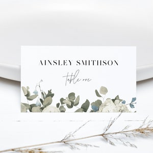 Rustic Greenery Editable Wedding Place Cards Template, Wedding Name Cards, White Floral, Instant Download, Printable Place Cards, BD122
