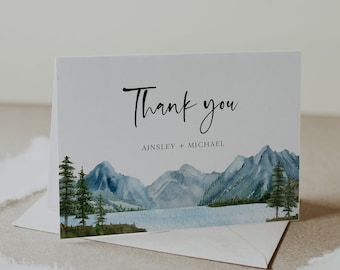 Berghochzeit Danke gefaltet Karte, See Hochzeit Dankeschön, Gastgeschenk, rustikale Hochzeit, sofortiger Download druckbare Dankeschön-Karte BD124