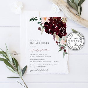 Burgundy Bridal Shower Editable Template, Floral Bridal Shower Invitation, Printable Invite, Instant Download, Rustic Bridal Shower - BD86