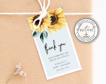 Sunflower Thank You Gift Tag Template Editable Favors, Sunflower Bridal Shower Tag, Sunflower Baby Shower Tag, Instant Download - BD103