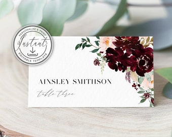 Burgundy Wedding Place Cards Editable Template, Wedding Name Cards, Rustic, Instant Download, Printable Cards, Wedding Table Decor- BD86