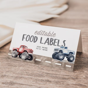 Bearbeitbare Monster Truck-Lebensmitteletiketten, Monster Truck-Geburtstags-Platzkarten, Monster Truck-Partydekor, Jungen-Geburtstags-Truck, bedruckbar, BD199