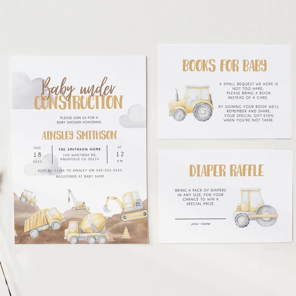 Baby Under Construction Invitation Bundle, Editable Invitation, Construction Baby Shower, Truck Digger Baby Shower, Printable Invite, BD126