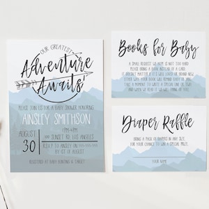 Baby Shower Editable Invitation Template, Shower Bundle, Adventure Awaits, Instant Download, Books for Baby & Thank You Cards, Destination