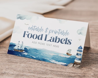 Nautical Food Label Card Template, Ahoy It's a Boy Nautical Editable Place Cards Template, Boy Baby Shower Printable Food Cards, BD186