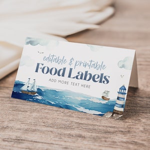 Modelo de cartão de etiqueta de comida náutica, modelo de cartão de lugar náutico editável "Ahoy It's a Boy", cartões de comida imprimíveis para chá de bebê de menino, BD186