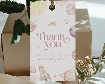 Pastel Pink Space Thank You Gift Tag, Editable Girls 1st Birthday Party Favors, Pastel Pink Space Thank You Favors, Printable Favors BD217