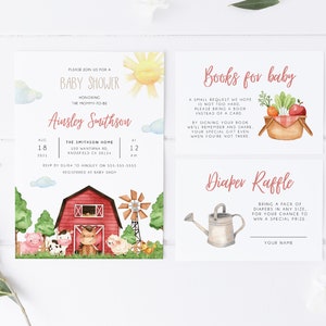 Boerderij babyshower uitnodigingsbundel, boerderijdieren bewerkbare uitnodigingsset, direct downloaden, Barnyard Baby, genderneutraal, afdrukbaar, BD121