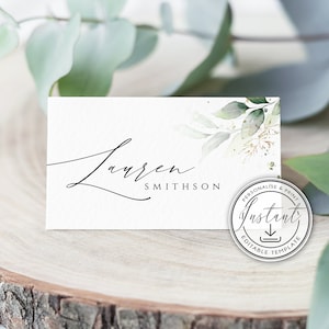 Plantilla editable para tarjetas de lugar de boda, tarjetas de nombre de boda bohemia con acuarela, hojas doradas y vegetación. Descarga instantánea. Tarjetas de lugar imprimibles BD51.