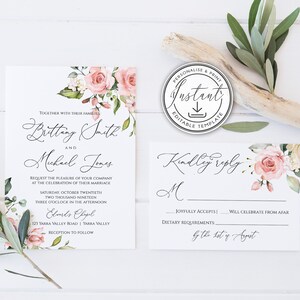 Blush Wedding Invitation Suite Editable Template, Bohemian Wedding Bundle, Greenery, Floral, Instant Download, Watercolor, Printable, BD54