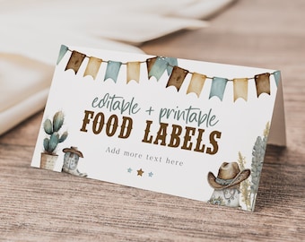 Könnte beinhalten: Bearbeitbare und druckbare Lebensmitteletiketten im Western-Stil. Die Etiketten zeigen einen Kaktus, Cowboystiefel und einen Cowboyhut. Der Text auf den Etiketten lautet "editable + printable FOOD LABELS" und "Add more text here".