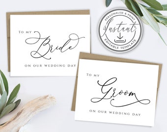 Wedding Day Cards Templates, To My Bride On My Wedding Day, To My Groom On My Wedding Day, Printable Wedding Card, Set of 2, Modern, BD61