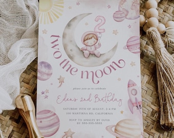 Two the Moon Editable Invitation, Girls 2nd Birthday Printable Invite, Pastel Pink Space Birthday Invite, Girls Outerspace Invitation, BD217