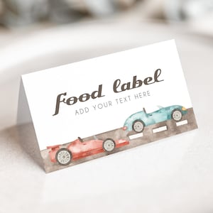 Plantilla editable de etiqueta de comida con temática de coche de carreras, tarjetas de comida para fiesta de cumpleaños con temática de coches, cumpleaños de coche de carreras clásico, etiquetas de comida imprimibles, BD159
