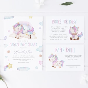 Einhorn-Babyparty-Einladung Bundle, Regenbogen Einhorn bearbeitbare Einladung, Sofortiger Download, Bücher für Baby & Windel Raffle Cards, BD117