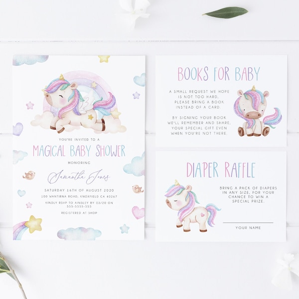 Unicorn Baby Shower Invitation Bundle, Rainbow Unicorn Editable Invitation, Instant Download, Books for Baby & Diaper Raffle Cards, BD117