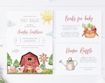 Paquete de invitaciones para baby shower de granja, set de invitaciones editables de animales de granja, descarga instantánea, para bebé de granja, género neutro, imprimible, BD121