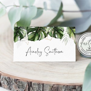 Modèle modifiable de marque-places de mariage de verdure tropicale, cartes de visite de mariage, téléchargement immédiat, cartes imprimables, décoration de table de mariage, BD59
