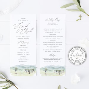 May include: Wedding ceremony program with watercolor vineyard illustration. The program includes the names of the couple, ceremony details, and wedding party. The design features elegant calligraphy and a downloadable template.