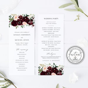 Burgundy Wedding Program Editable Template, Rustic Wedding program, Printable Minimalist Order of Service, Ceremony Program - BD86