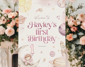 Pastel Pink First Trip Around the Sun Editable Welcome Sign, Pink Girls 1st Birthday Printable Welcome Sign, Girls Space Themed Party, BD217
