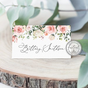 Blush Pink Editable Wedding Place Cards Template, Wedding Name Cards, Rustic, Pink Roses, Printable Place Cards, Wedding Table Decor, BD54