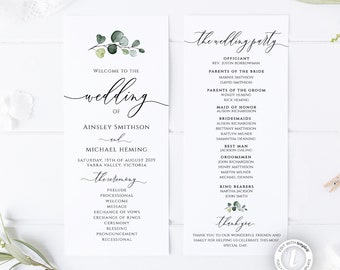 May include: A wedding ceremony program with a green eucalyptus illustration. The program includes the names of the bride and groom, Ainsley Smithson and Michael Heming, the date and location of the wedding, and the order of the ceremony. The wedding party is listed on the right side of the program.