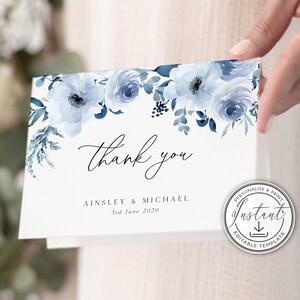 Modèle modifiable de cartes pliées de remerciement bleu poussiéreux, mot de remerciement pour mariage floral bleu, téléchargement immédiat, carte floral bleu aquarelle - BD93