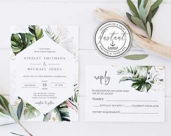 Tropical Greenery Wedding Editable Invitation Template, Invitation Suite, Set, Beach Wedding, Palm Leaves, Printable Invite, Rustic, BD59