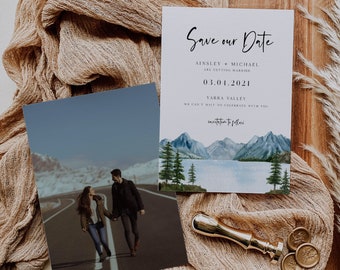 Modello modificabile "Save the Date" in montagna, Lago acquerello, Save the Date stampabile, Annuncio di appuntamento fai da te con foto "Save Our Date" Templett BD124