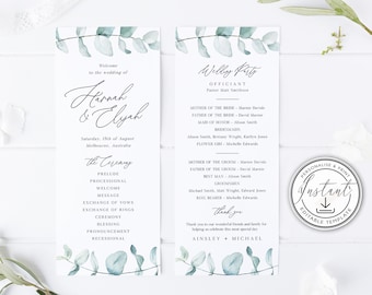 Eucalyptus Wedding Program Editable Template, Boho Wedding program, Watercolor Greenery, Printable Order of Service, Ceremony Program - BD94