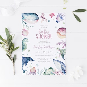 Modello modificabile per invito baby shower Ocean & Sea, invito baby shower Ocean, download immediato, bambina, rosa, invito stampabile BD105