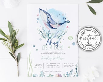 Ahoy It's a Boy! Baby Shower Invitation Editable Template, Ocean Baby Shower Invite, Instant Download, Whale Baby Shower, Printable BD105
